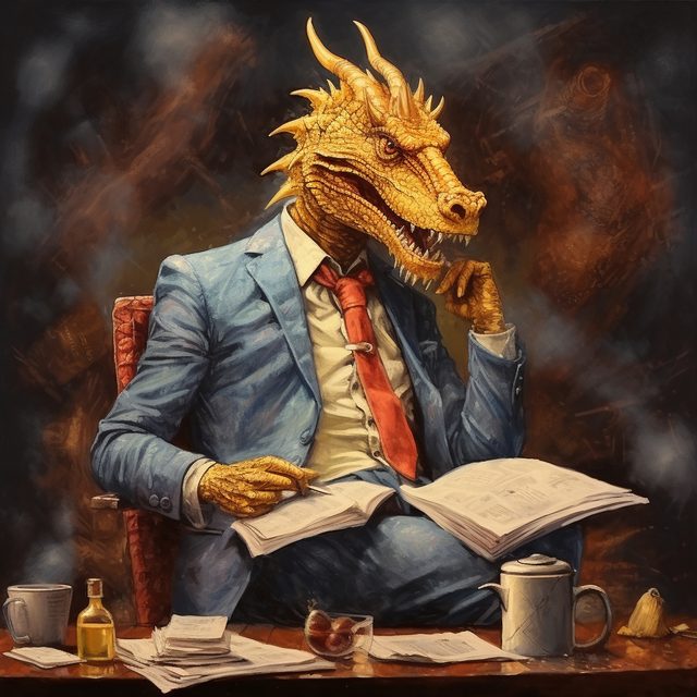 The Dragon's Den Investing dragon — a golden dragon in a blue suit reading the financials